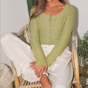 Mimi Light Green Ribbed Button-Up Cropped Cardigan Sweater - S
